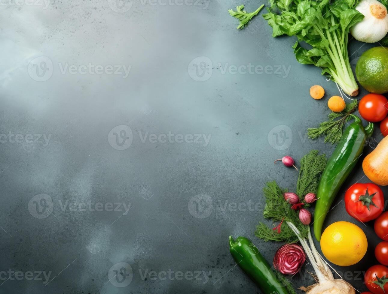 Fresh vegetables on grey table, space for text. Healthy food background. AI Generated. photo