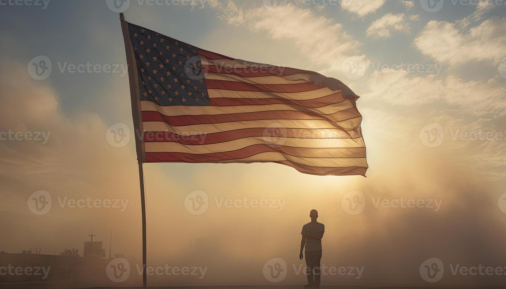 American flag waving in the wind with a silhouette of a man in a suit. . photo
