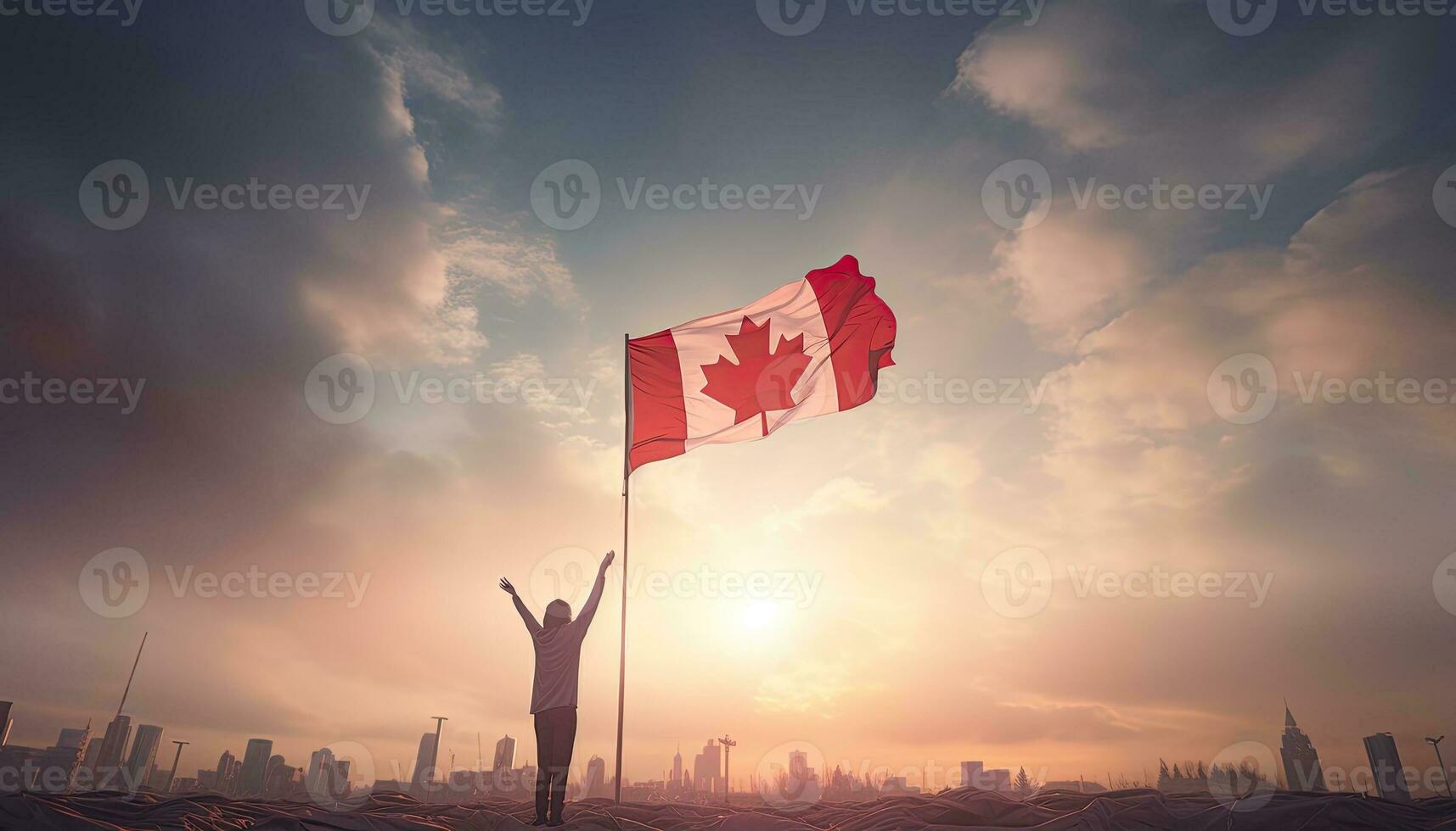 Silhouette of woman holding Canadian flag against cityscape at sunset. AI Generated. photo