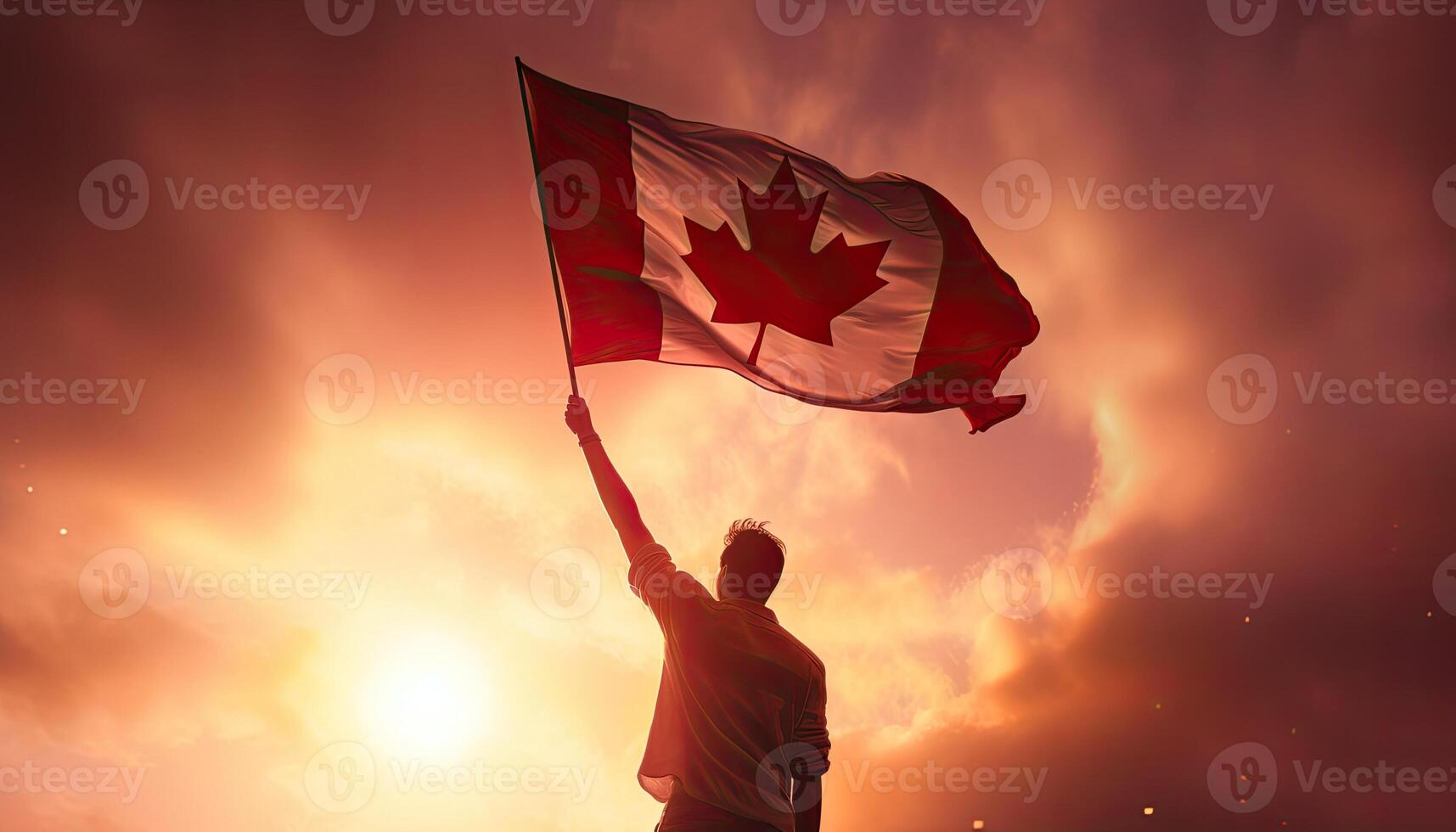 Happy man holding canadian flag on sunset sky background. 3D Rendering. . photo