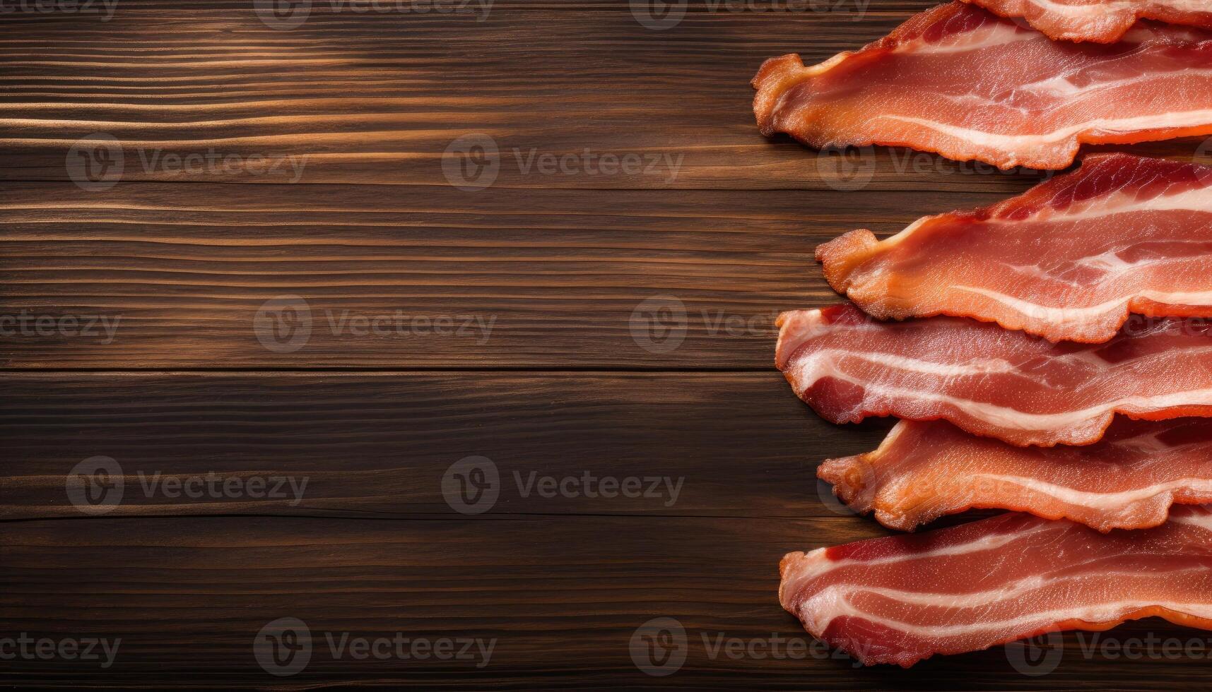 Raw bacon slices on wooden background. Top view with copy space. . photo