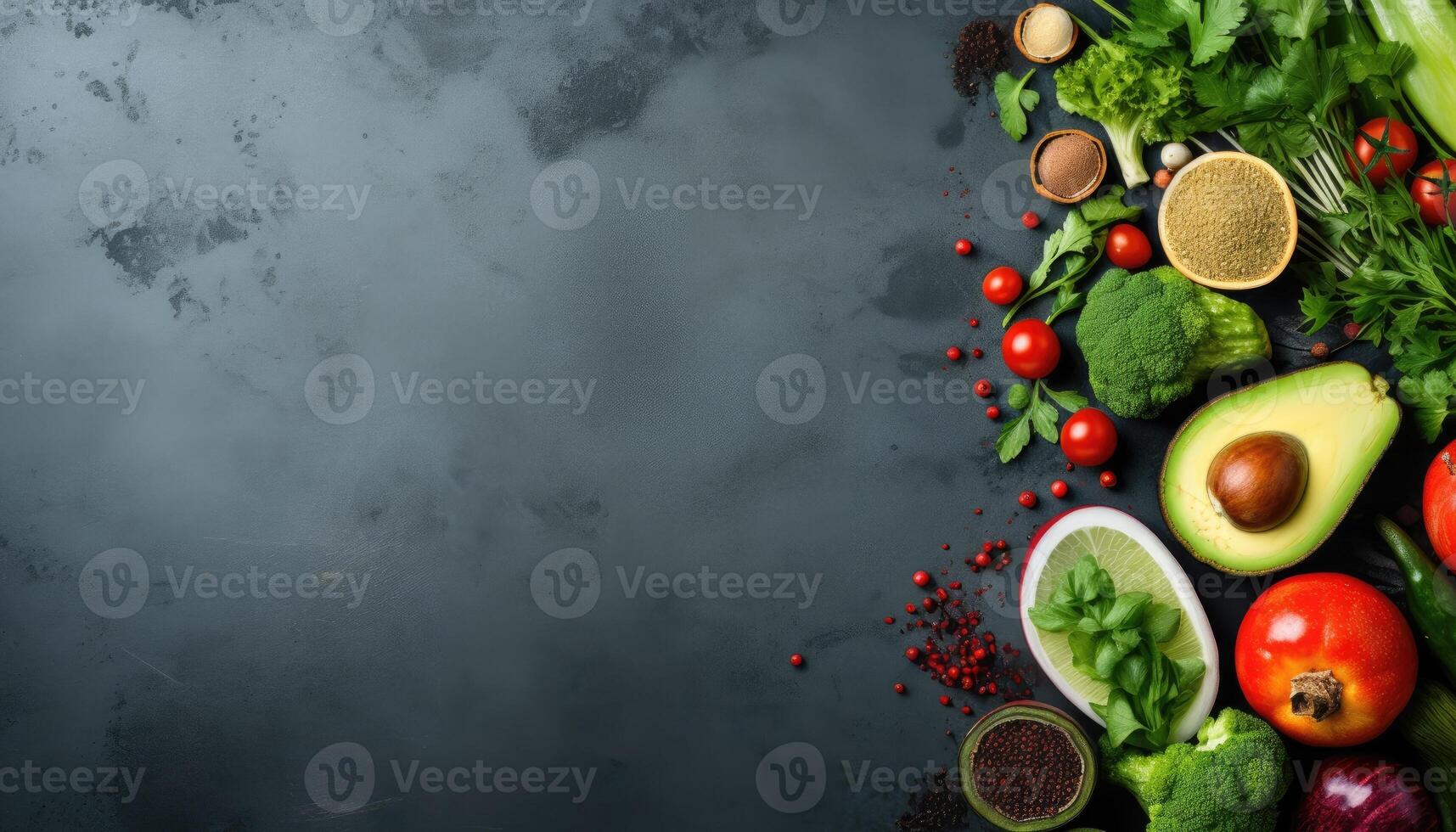 Healthy food background. Vegetables, herbs and spices on dark background. Top view with copy space. . photo