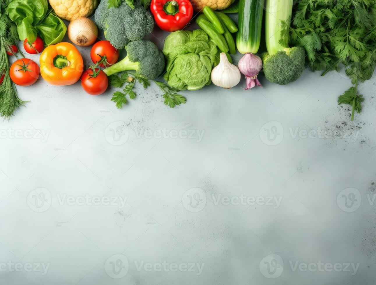 Composition with fresh organic vegetables on grey background, space for text. AI Generated. photo