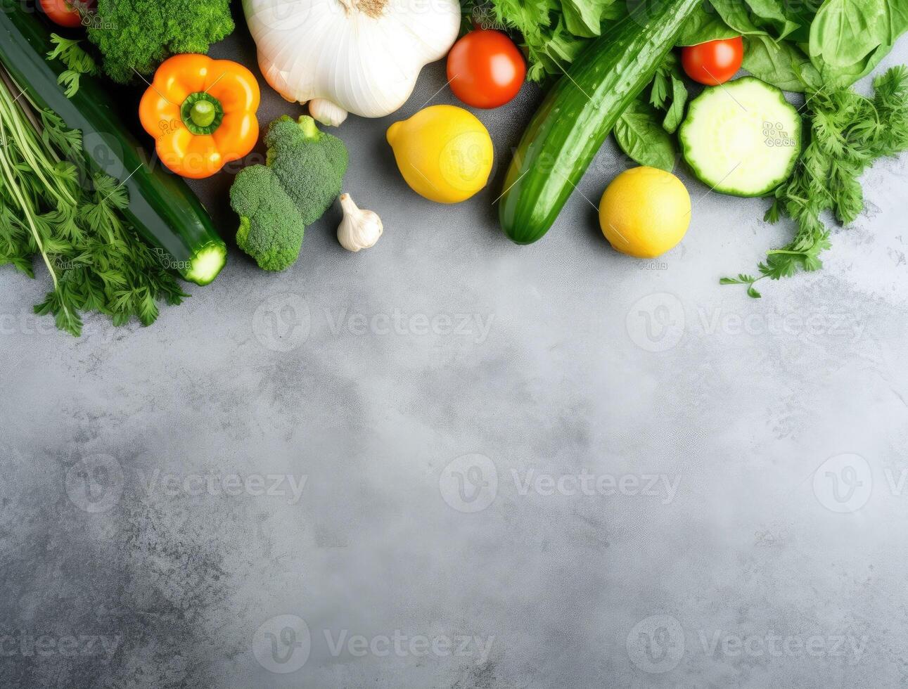 Fresh vegetables on grey background. Top view with space for your text. AI Generated. photo