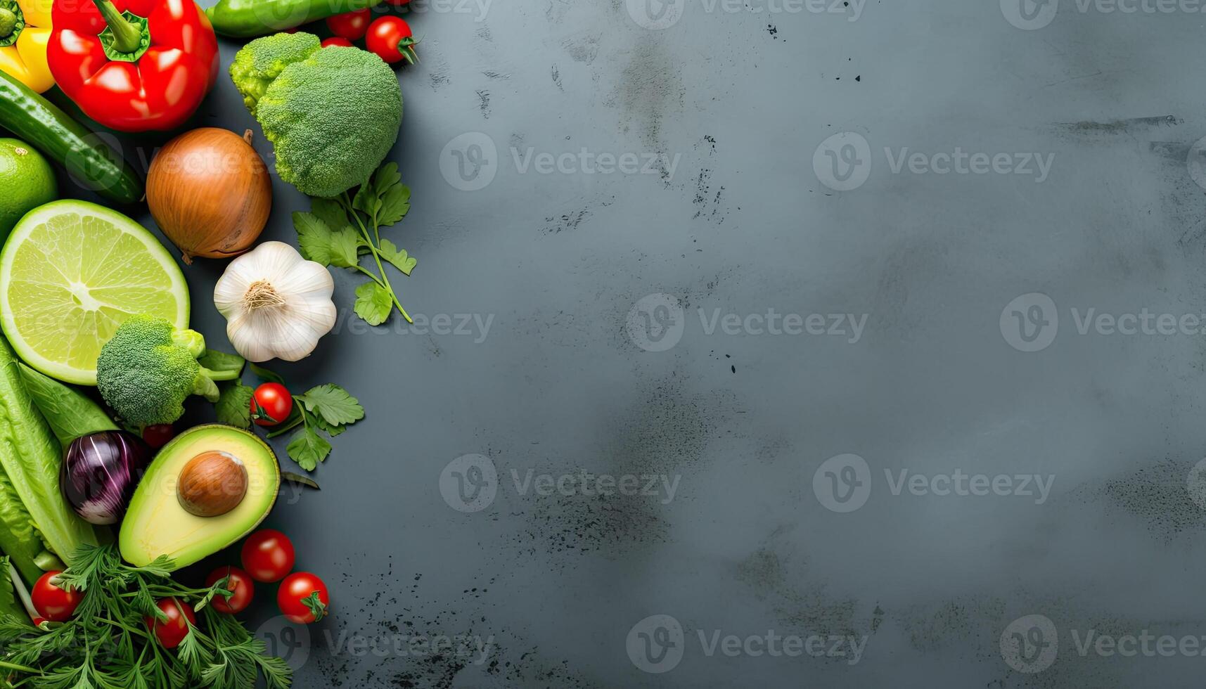 Vegetables, herbs and spices on dark background. Top view with copy space. . photo