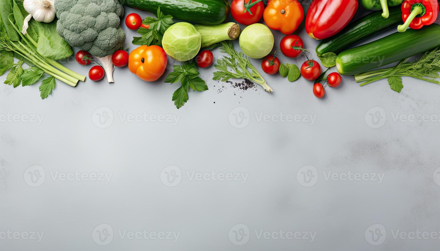 Fresh vegetables on grey background. Top view with space for your text. AI Generated. photo