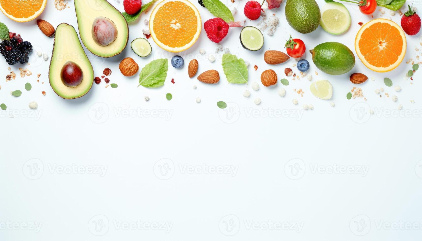 Healthy food background with fruits and vegetables on white. Top view. . photo
