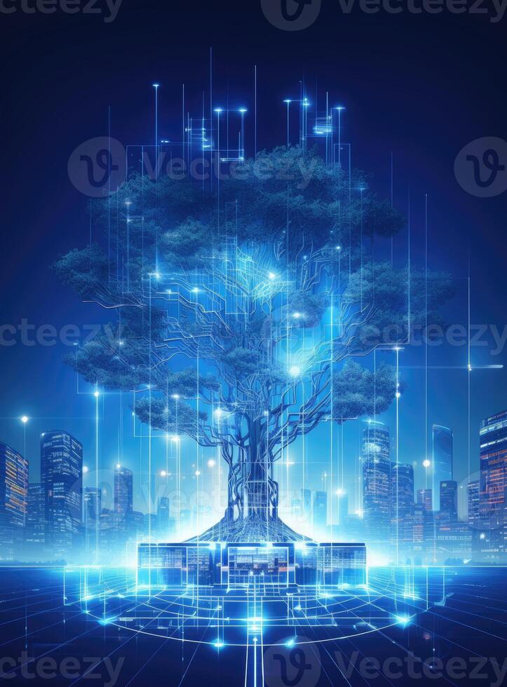 Futuristic tree in digital style against cityscape against blue background. AI Generated. photo