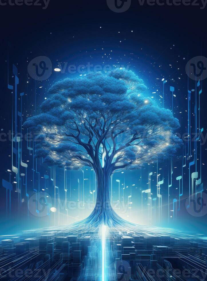 abstract futuristic tree with music notes on dark blue background, illustration. . photo