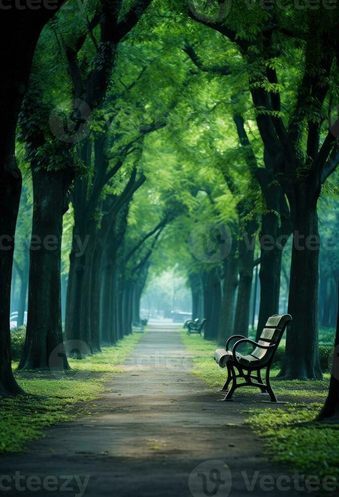 Bench in the park with green trees in the background. AI Generated. photo