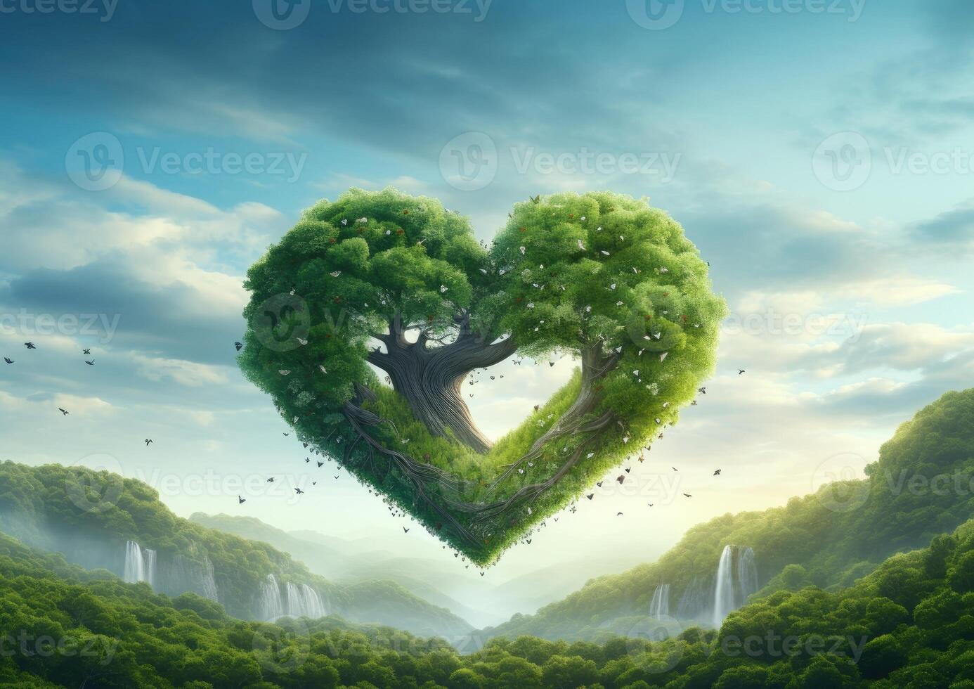 Heart shaped tree in the green forest. 3D render illustration. AI Generated. photo