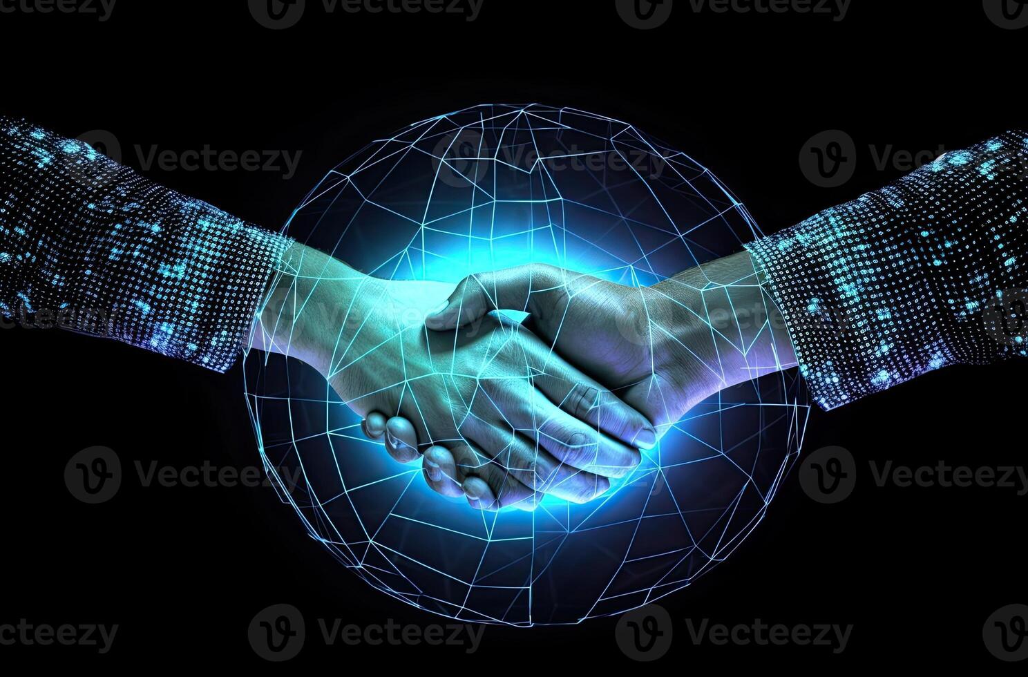 Conceptual image of handshake and globe on black background. 3D rendering. . photo