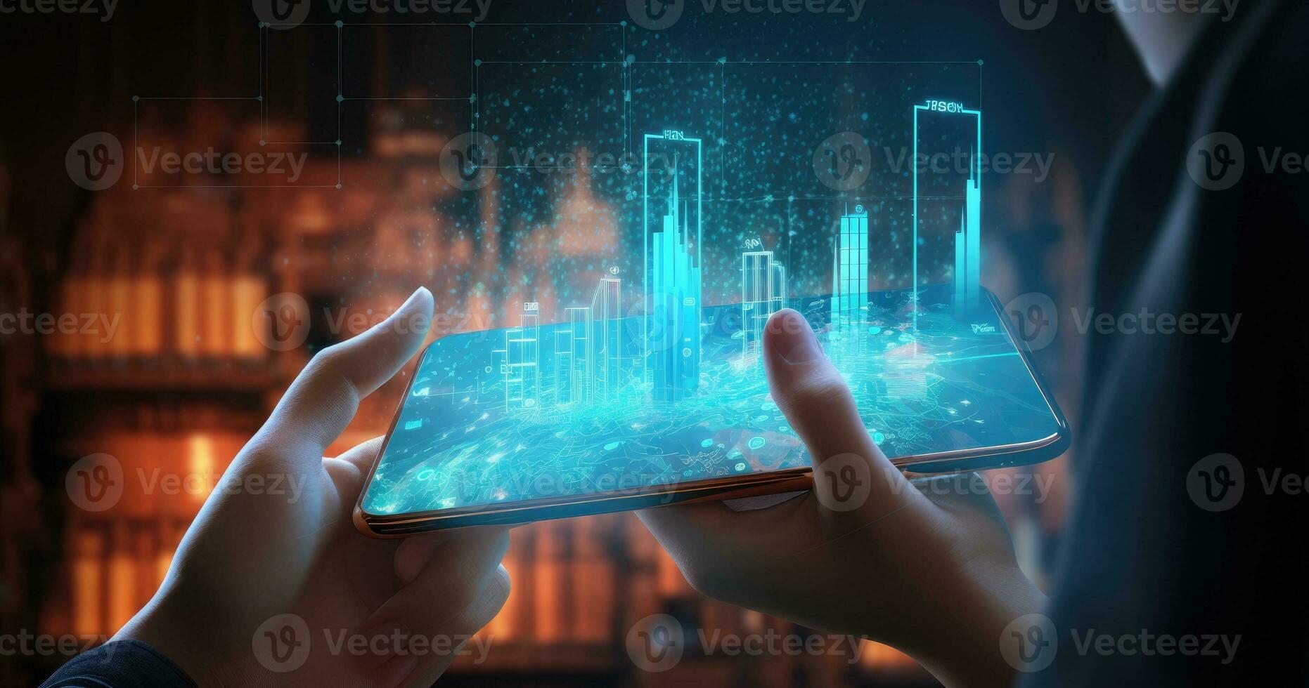 Smartphone with stock market data on the screen. 3d rendering. AI Generated. photo