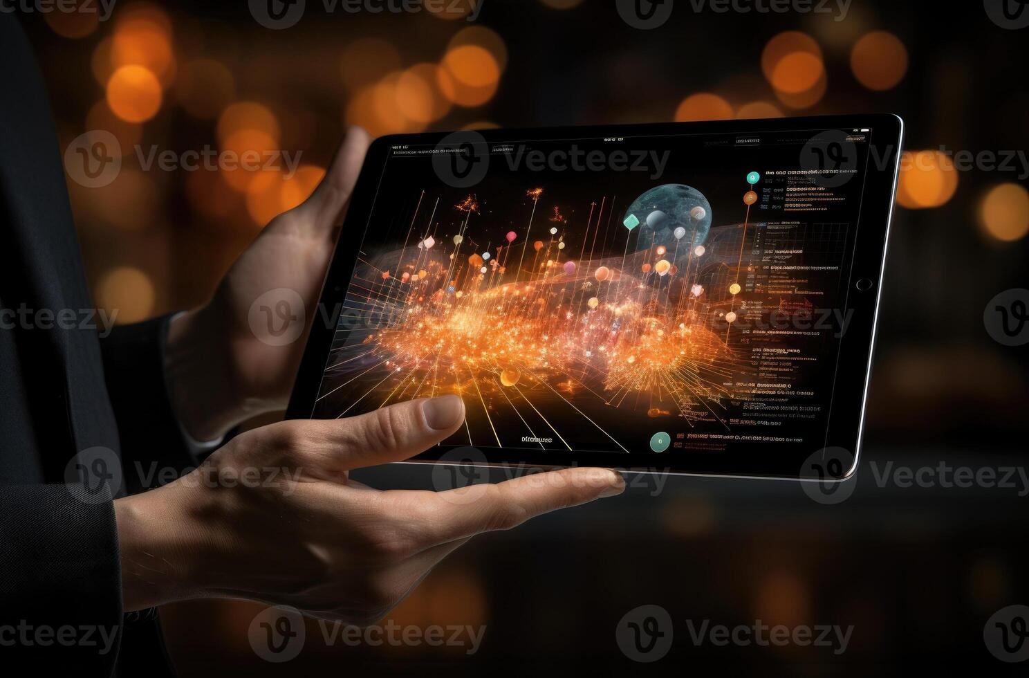Close up of human hands holding tablet pc with global network connection concept. . photo