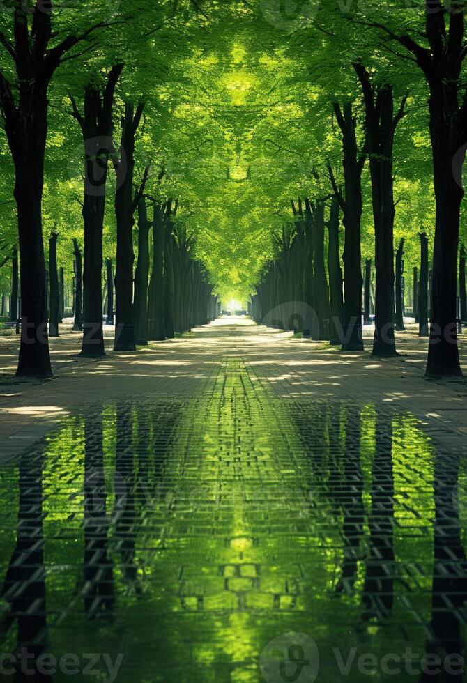 beautiful green alley in the park with trees and reflections in water. AI Generated. photo