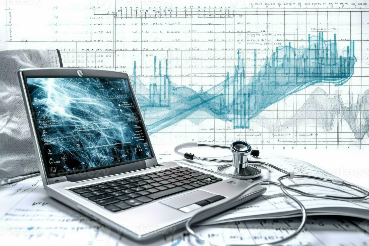 Stethoscope and laptop on the background of financial charts and graphs. AI Generated. photo