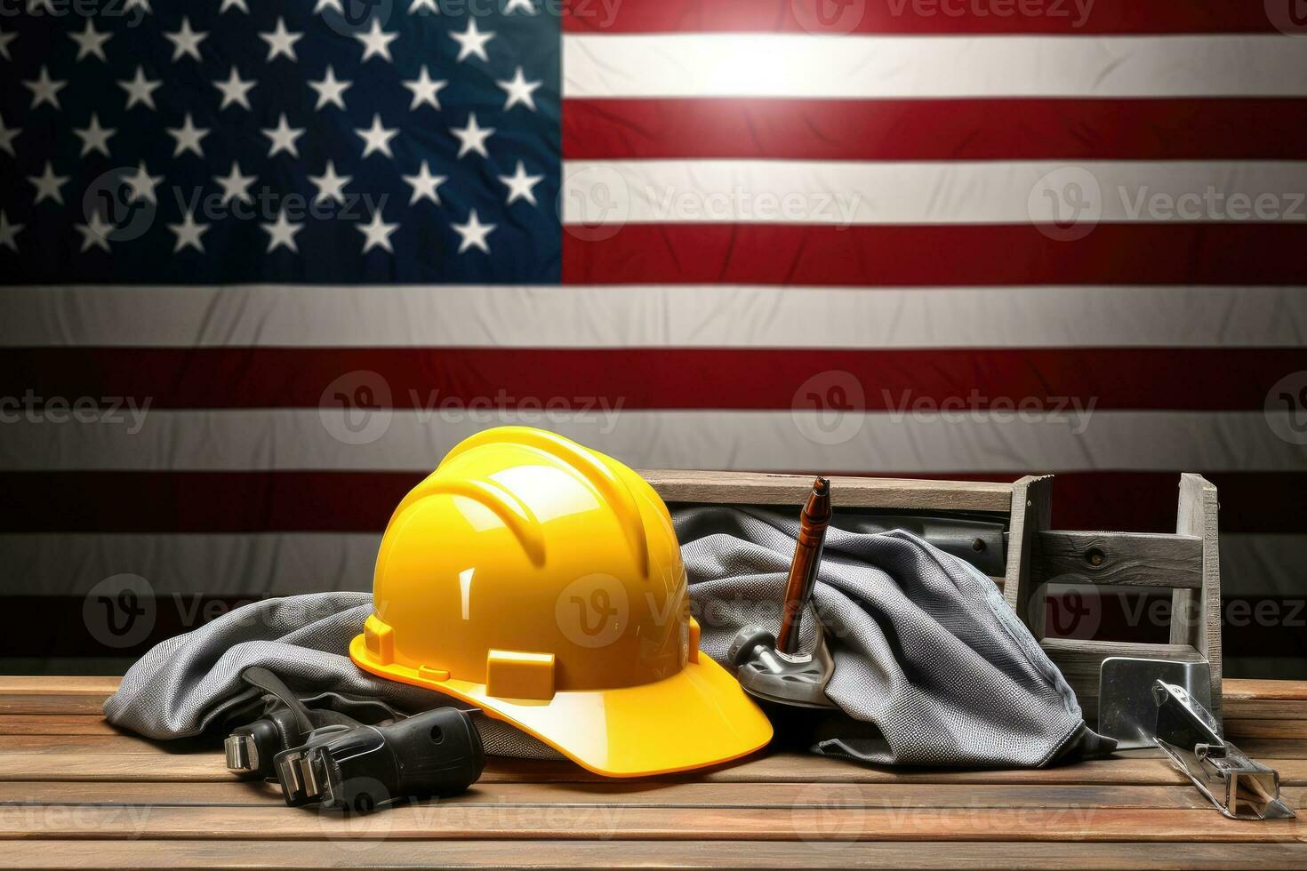 Hardhat and construction tools on USA flag background. Labor day concept. AI Generated. photo