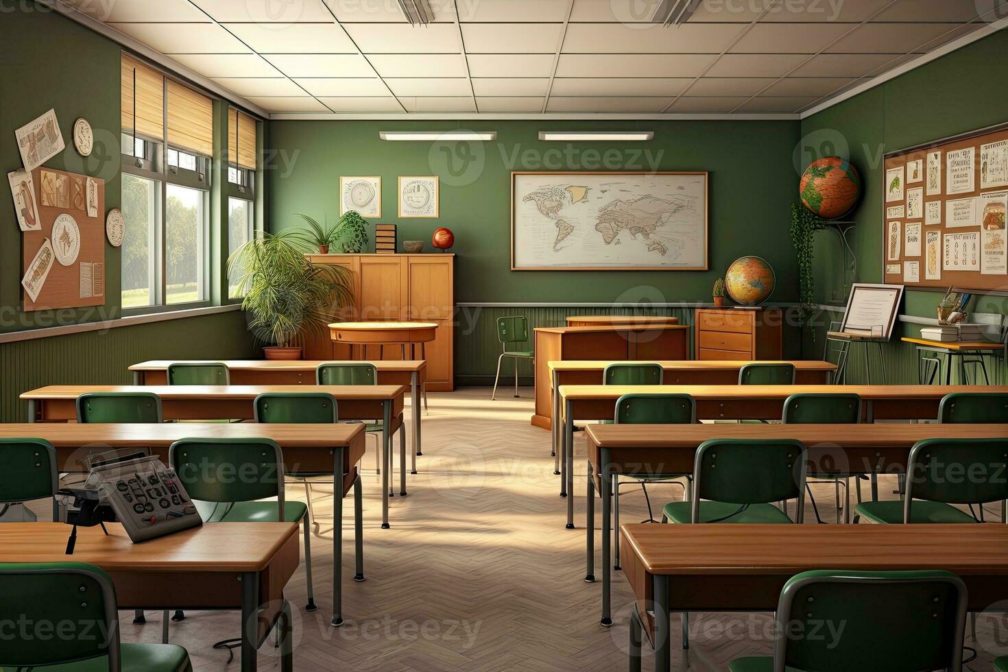 Classroom interior with green walls and wooden floor. AI Generated. photo