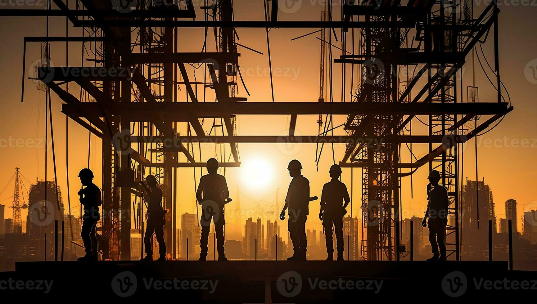 silhouette of engineer and worker working on construction site at sunset. AI Generated. photo