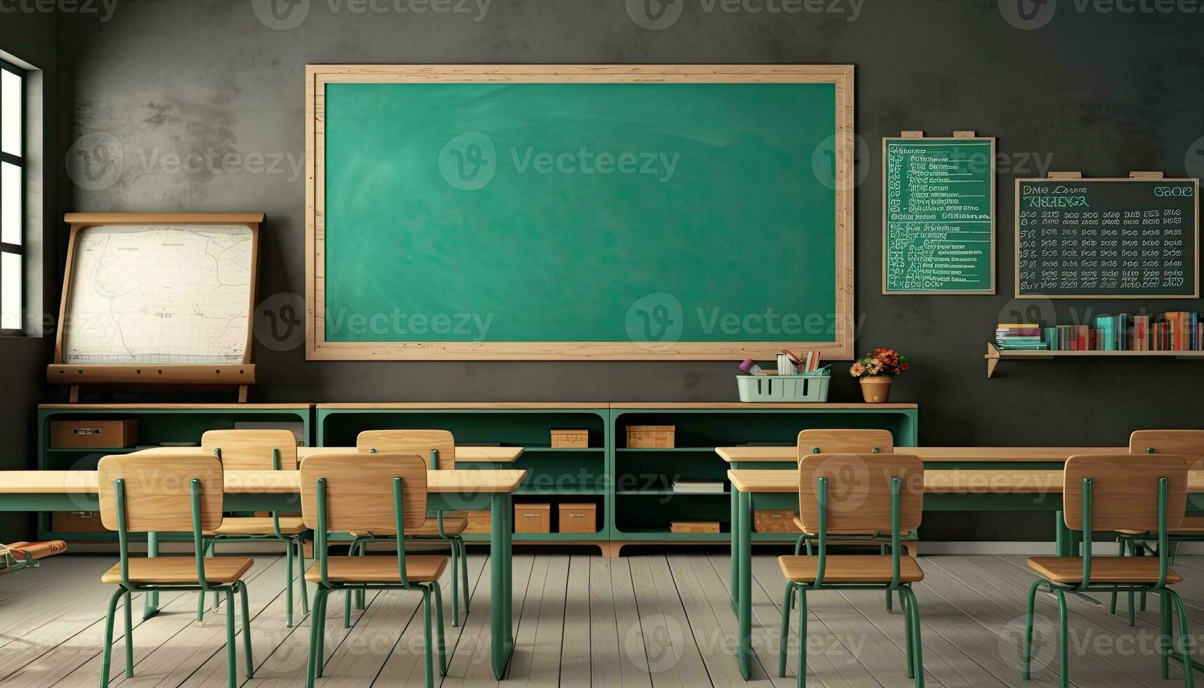 Classroom with green chalkboard. AI Generated. photo