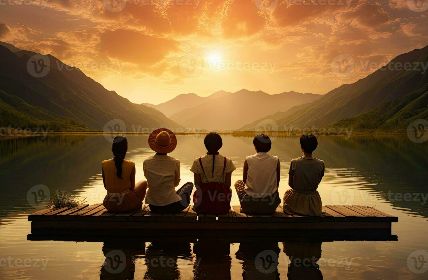 Group of people sitting on a wooden pier by a lake at sunset. AI Generated. photo