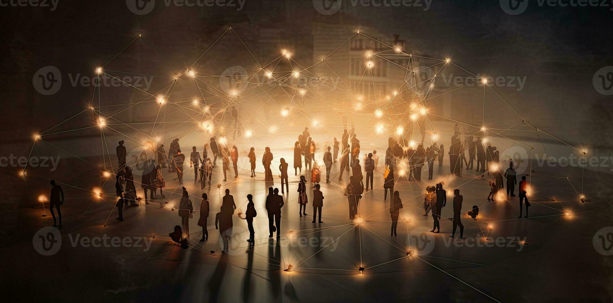 Silhouette of a crowd of people walking in the city at night. AI Generated. photo