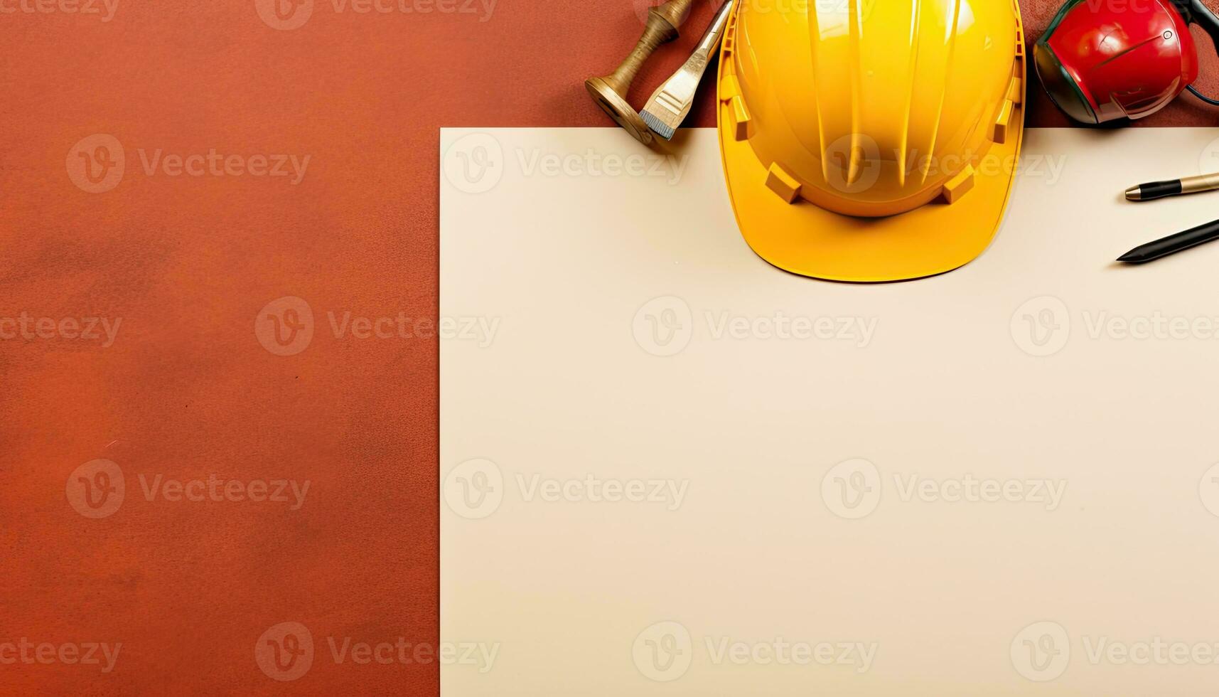 Standard construction safety equipment on brown background with copy space for text. AI Generated. photo