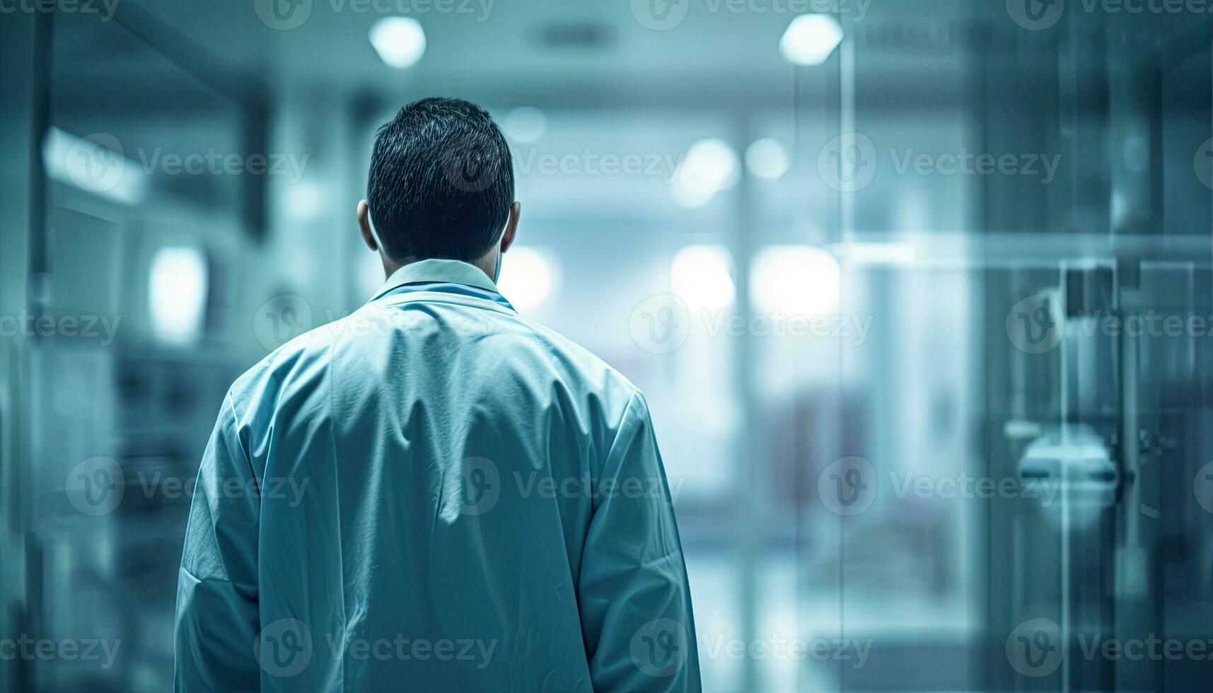 Rear view of businessman looking away while standing in corridor at hospital. AI Generated. photo