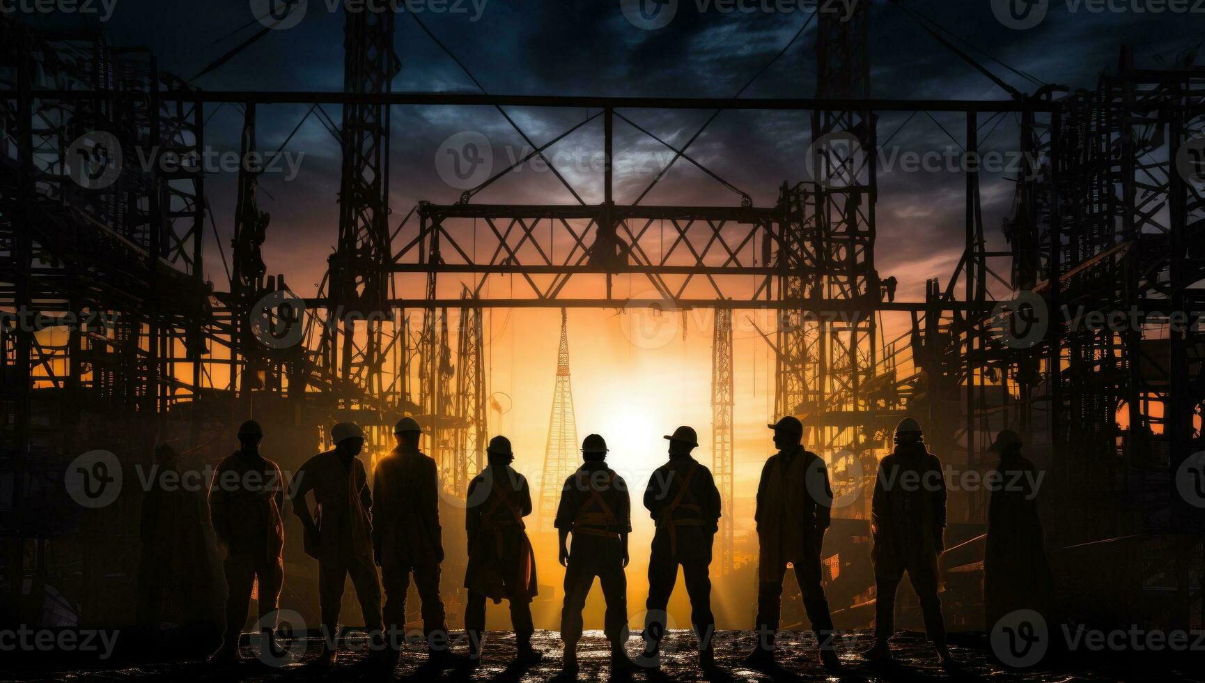 Silhouette of a group of people in front of the construction site. AI Generated. photo