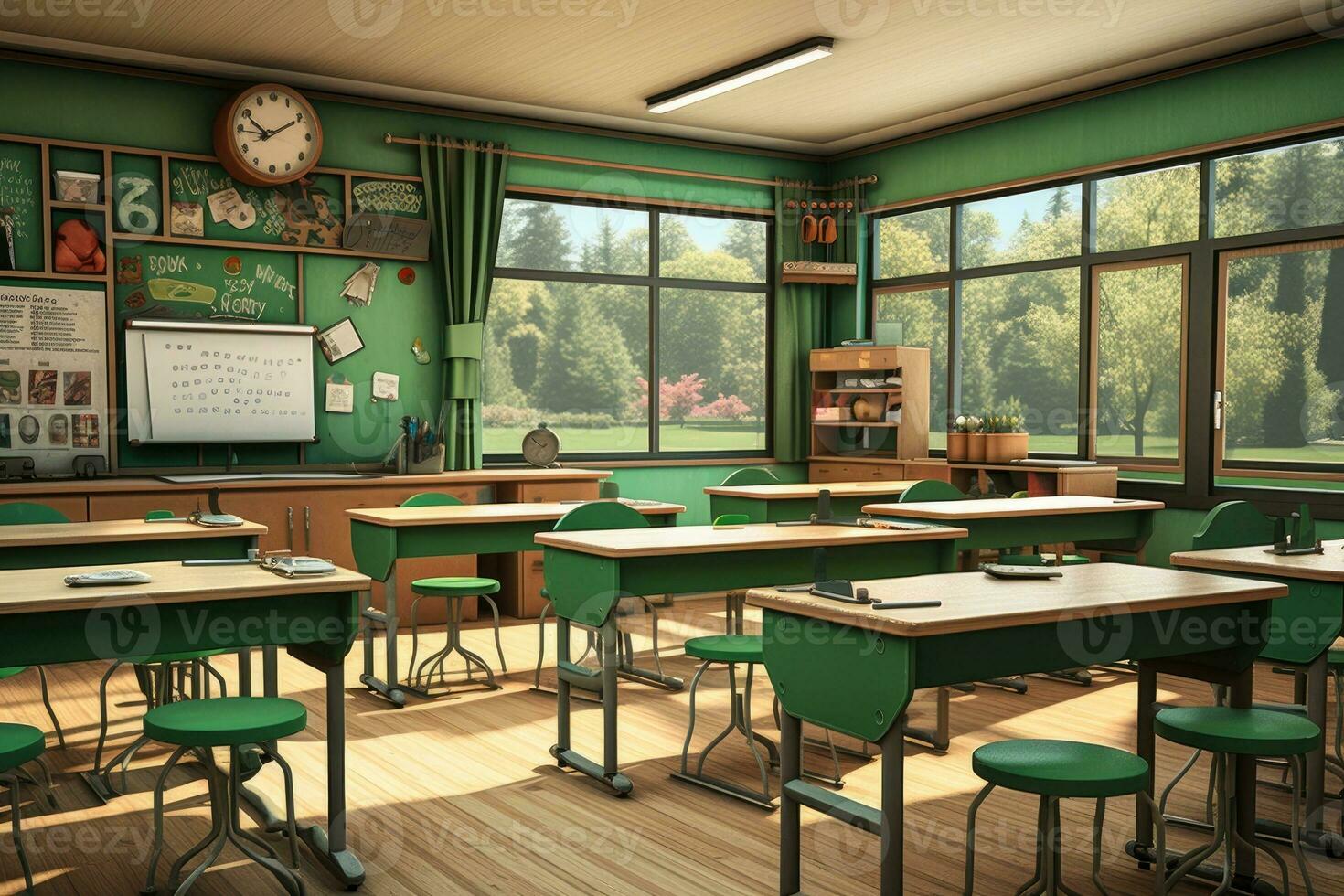 colegio salón de clases interior con verde sillas y mesas. ai generado. foto