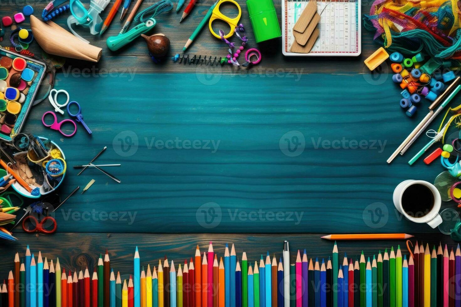 School and office supplies on wooden background. Back to school concept. AI Generated. photo