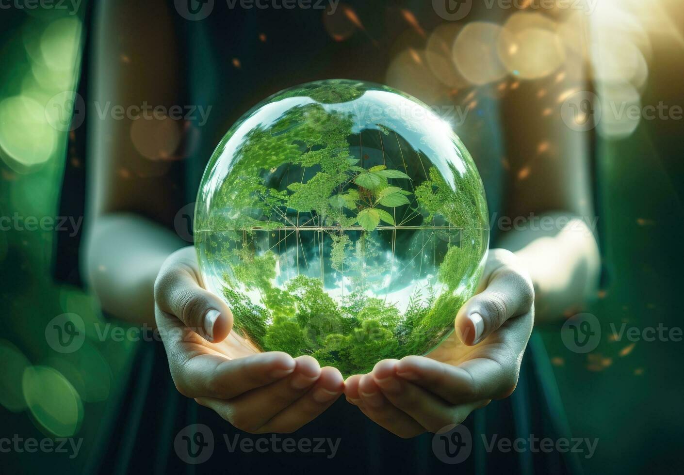 Woman hands holding earth globe on green bokeh background. save the world concept. AI Generated. photo