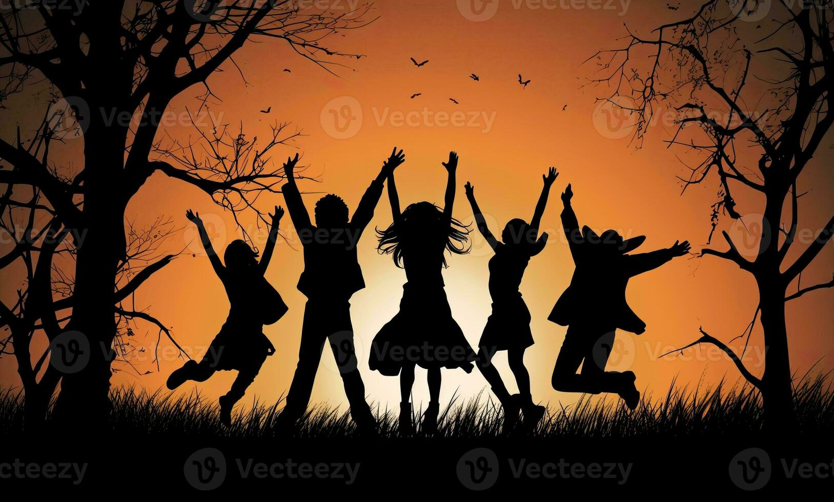 Silhouette of happy children jumping in the autumn forest at sunset. AI Generated. photo