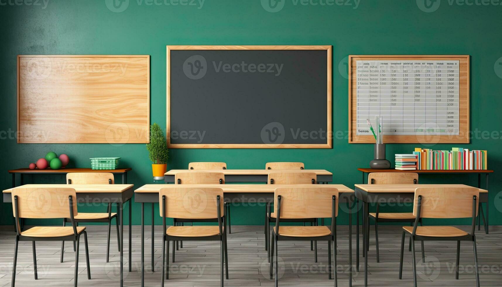 Interior of modern school classroom with green chalkboard. Education concept. AI Generated. photo