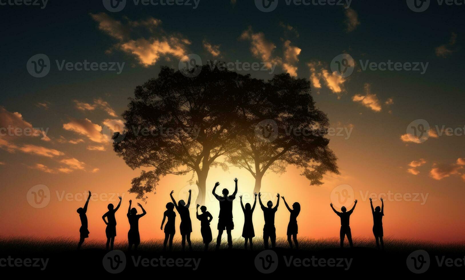 Silhouette of group of people dancing under tree in the sunset. AI Generated. photo