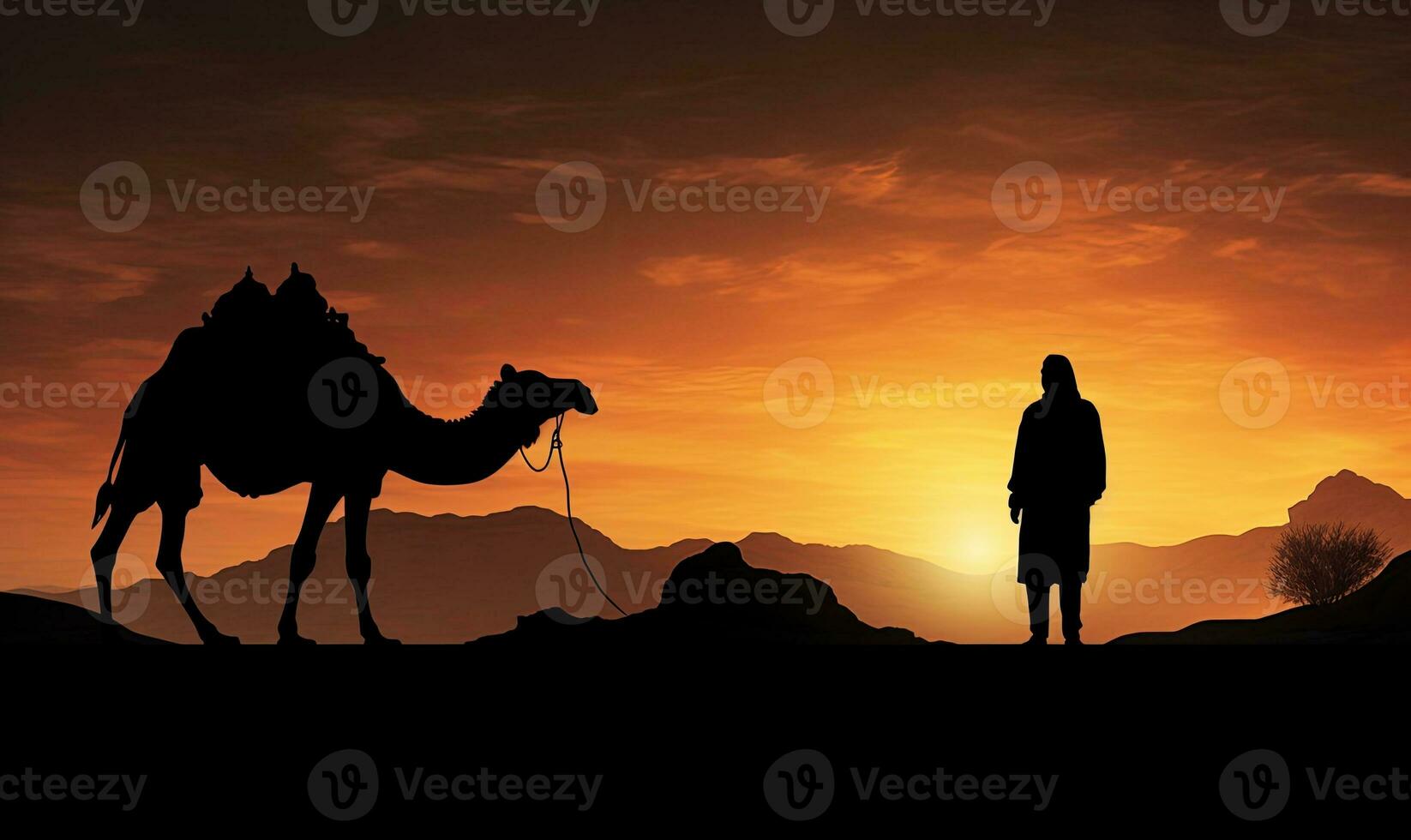 Silhouette of a Muslim man with camel in the desert at sunset. AI Generated. photo