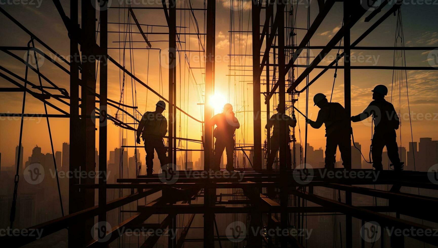 Silhouette of construction workers working on scaffolding at sunset. AI Generated. photo