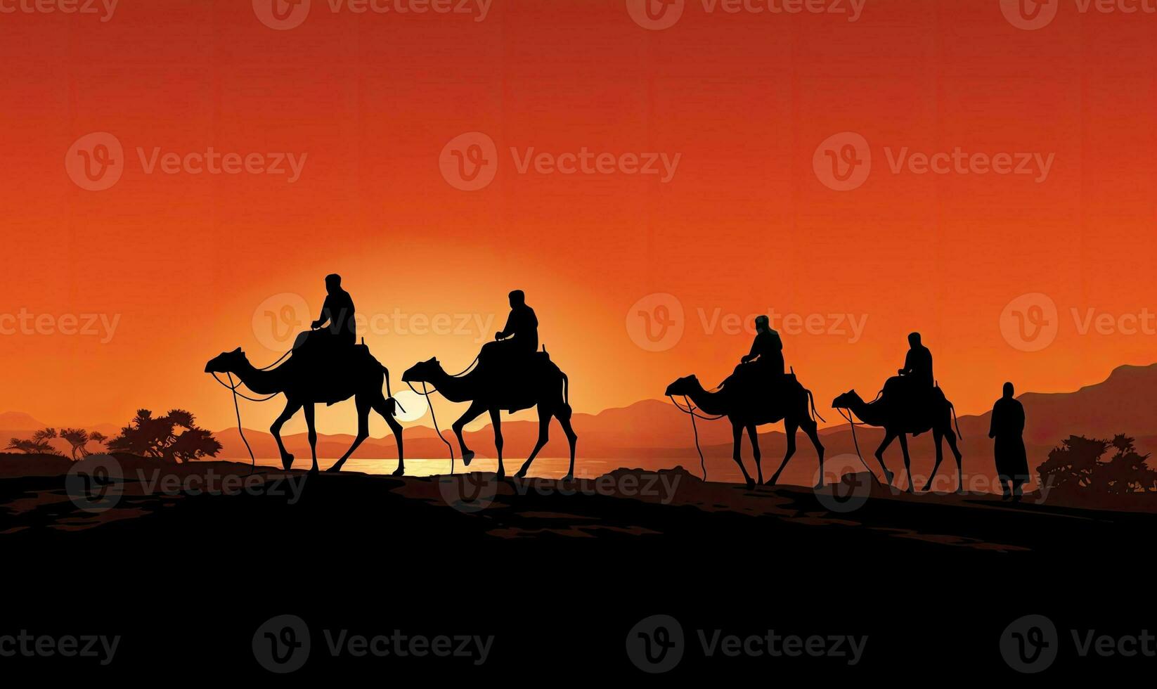 Tres sabio hombres en camellos en el desierto. vector ilustración. ai generado. foto