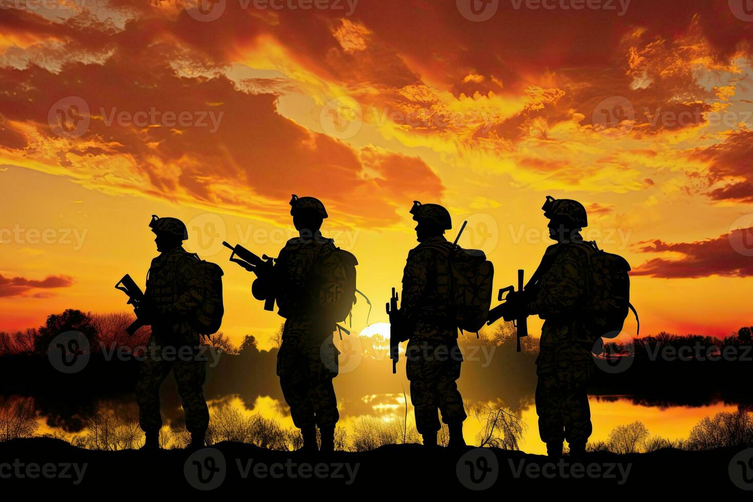 Silhouette of soldiers on the background of the setting sun. AI Generated. photo