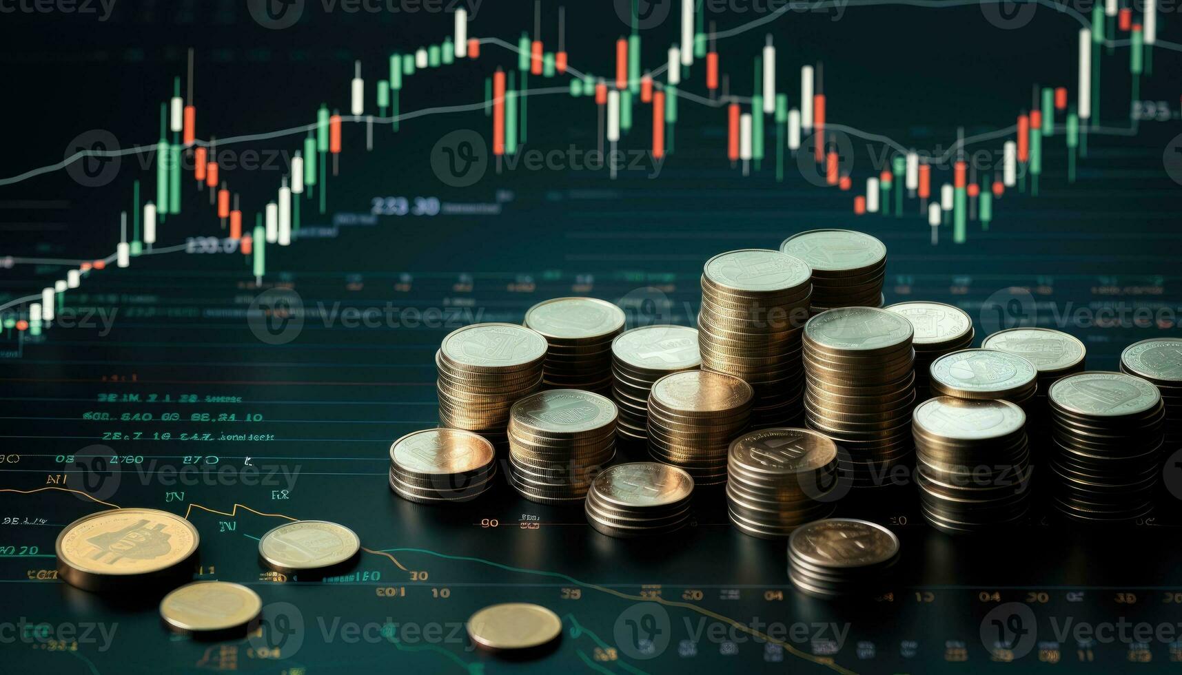 Investment concept, Coins graph stock market with candle stick ...