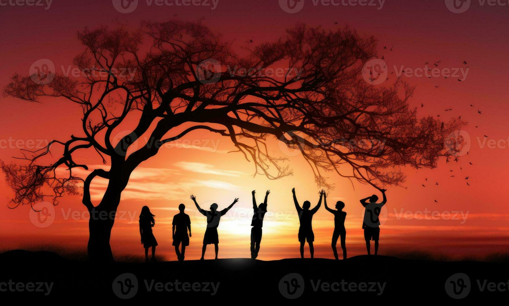 Silhouette of a group of people dancing under a tree at sunset. AI Generated. photo