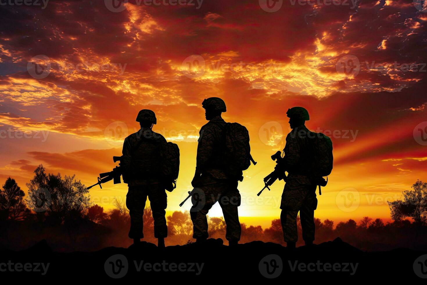 Silhouette of soldiers on a sunset background. Concept of war. AI Generated. photo