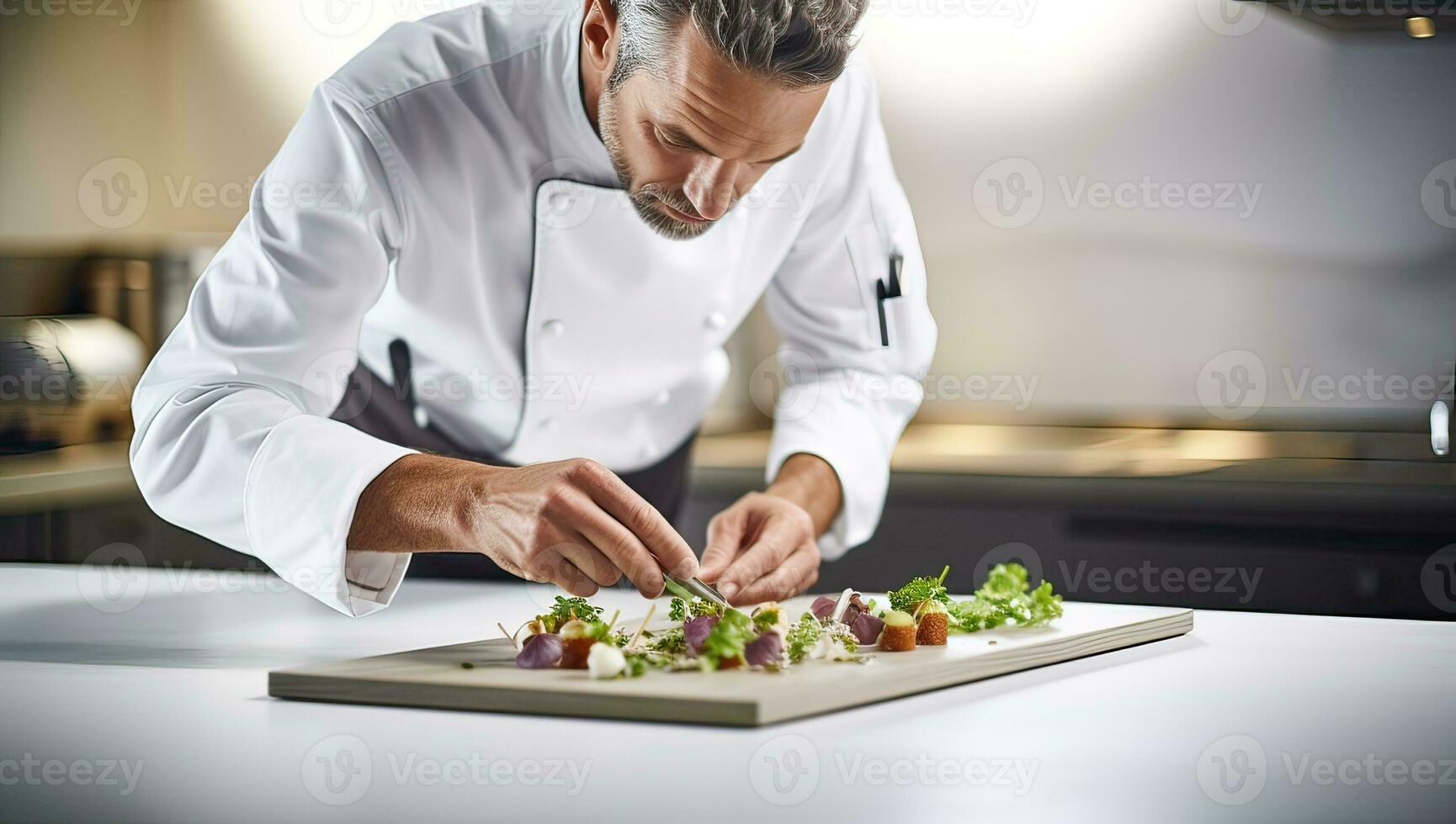 Chef preparing a salad in a restaurant kitchen. Professional chef preparing a salad in a restaurant kitchen. AI Generated. photo