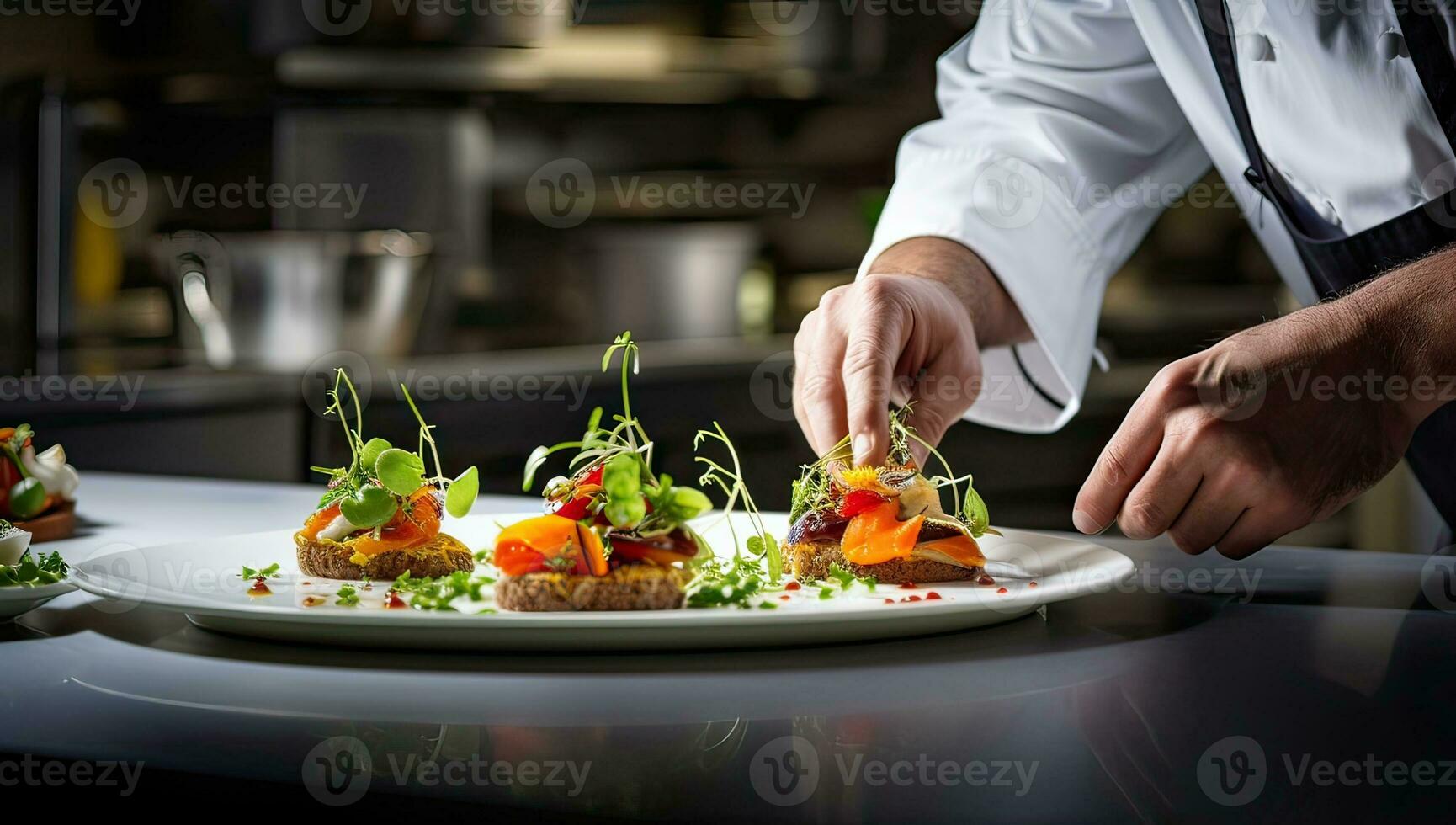 Chef preparing a canape in the kitchen of the restaurant. AI Generated. photo