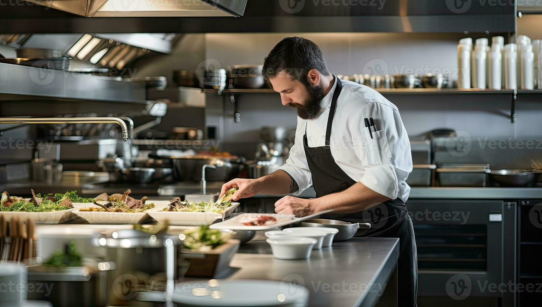 cocinero preparando comida en el cocina de un restaurante o hotel. ai generado. foto