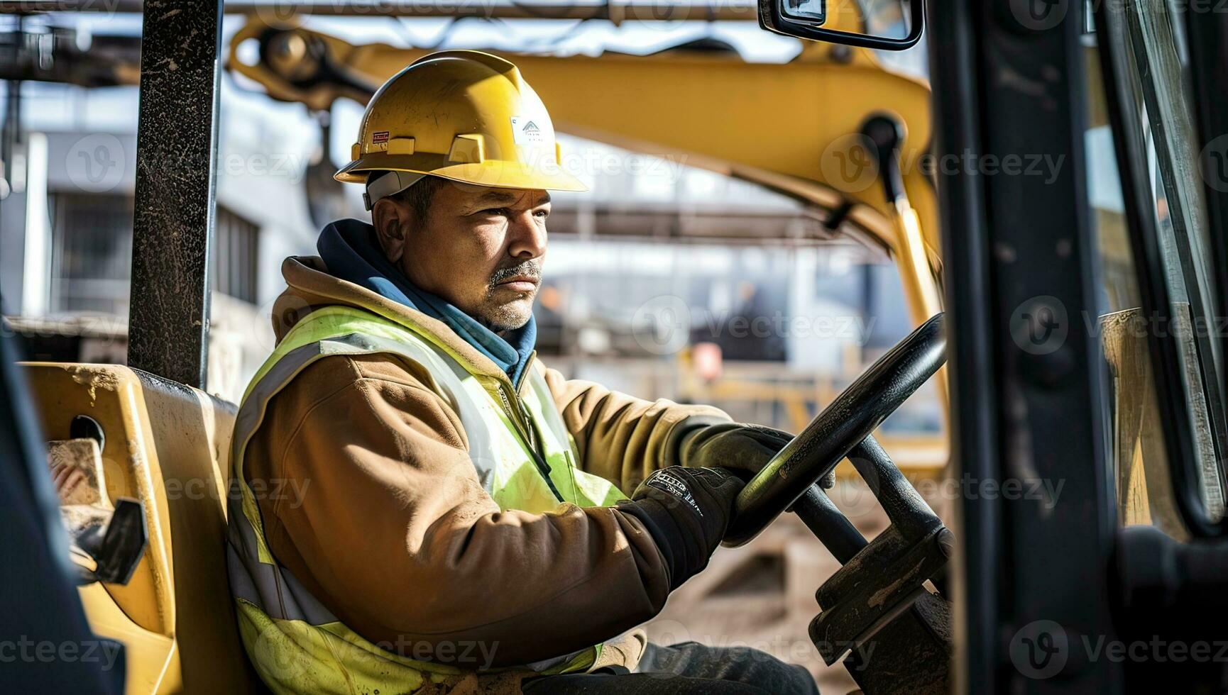 Portrait of senior Caucasian male construction worker in yellow helmet and reflective vest working on construction site. AI Generated. photo