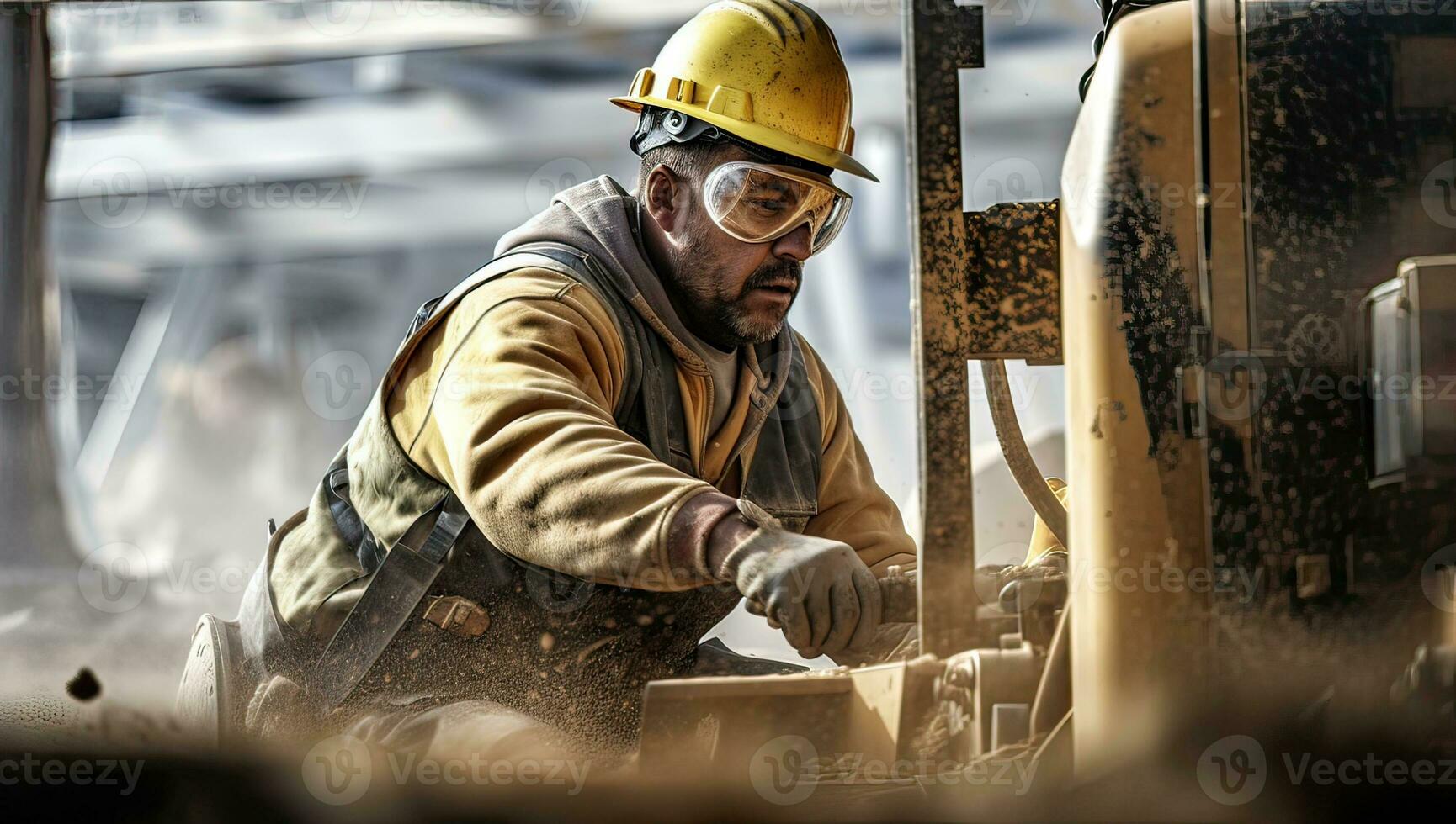 Portrait of a worker in a hard hat and workwear working on a construction site. AI Generated. photo