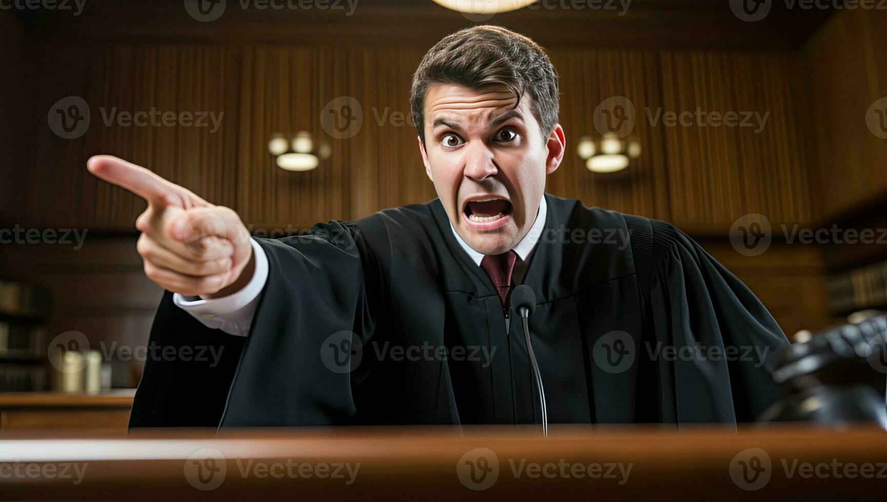 Angry judge in a courtroom. Law and justice theme. Studio shot. AI
