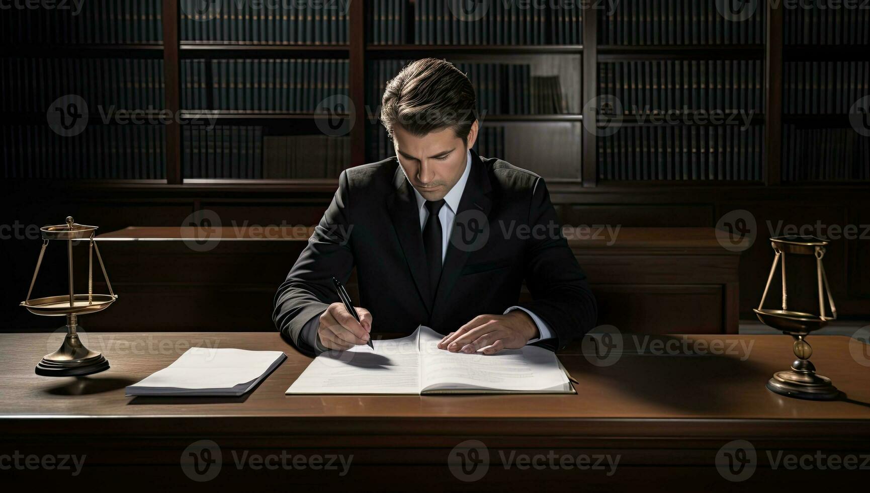 Young male lawyer sitting at the table in courtroom and signing contract papers. AI Generated. photo