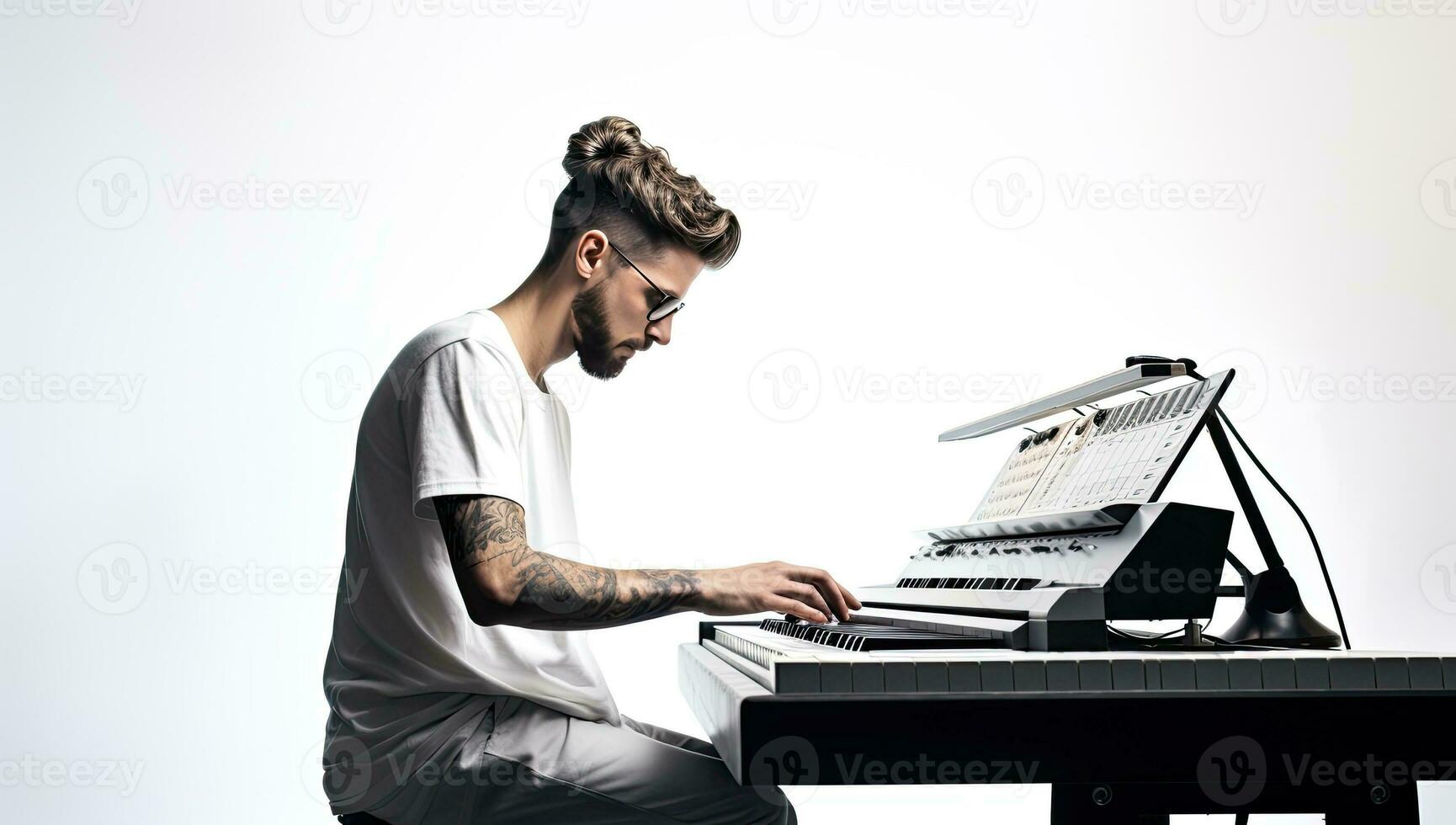 musician playing the keyboard on white background, music and hobby concept. AI Generated. photo